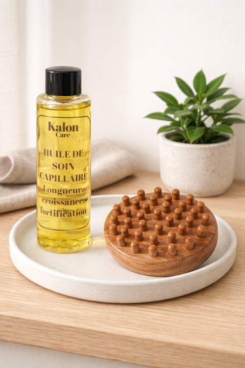 brosse en bois et huile cheveux kalon care, longueur croissance et fortification 
